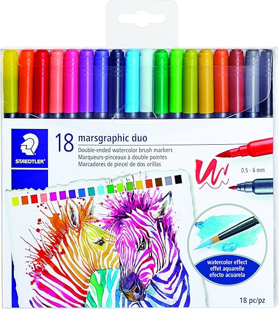 STAEDTLER double ended watercolor brush markers, marsgraphic duo, for illustrations, detail work, manga and expressive lettering, 18 colors 3000TB18LU
