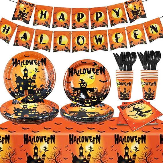 114 Pcs Halloween Tableware Sets, Disposable Halloween Party Supplies