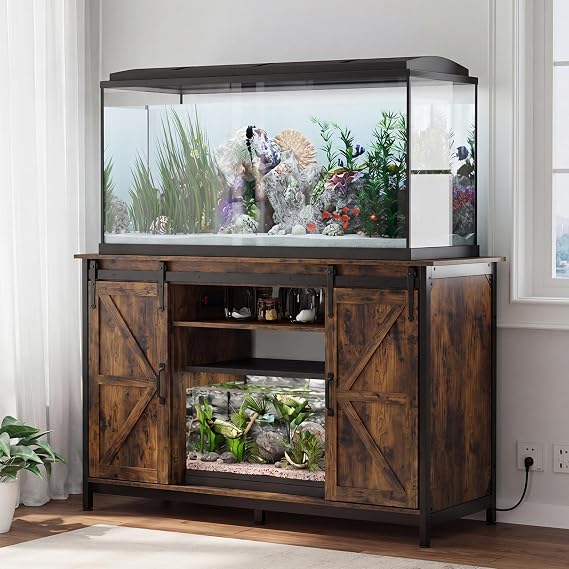 VOWNER Farmhouse 55-75 Gallon Fish Tank Stand with Power Outlet, Aquarium Stand with Storage Cabinet and Sliding Barn Door, Heavy Duty Reptile Tank Stand, for 2 Tanks, 1000LBS Capacity, Brown