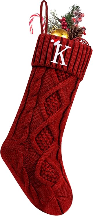 Personalized Christmas Stockings with Initials, 18 Inches Large Embroidered Monogrammed Cable Knit Christmas Stocking for Family, Xmas Holiday Party Gifts & Decoration for Fireplace(Burgundy,Letter K)