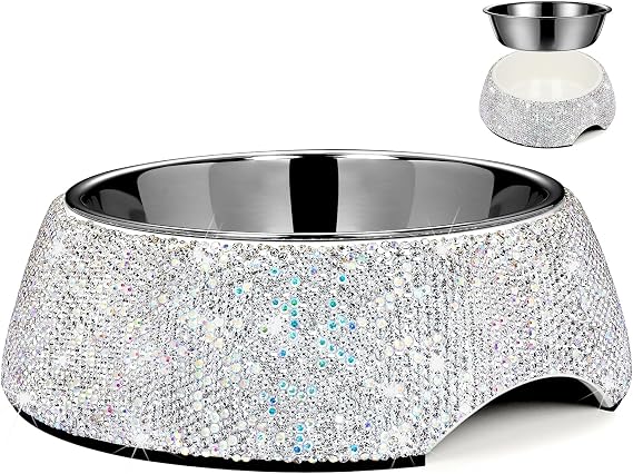 SlowVibes Bling Stainless Steel Dog Cat Bowl, Detachable, 7 oz