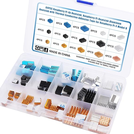 64PCS Raspberry Pi 4b Heatsink, Raspberry Pi Heatsink Aluminum Heatsink with Thermal Conductive Adhesive Tape for Raspberry Pi 4 Model B