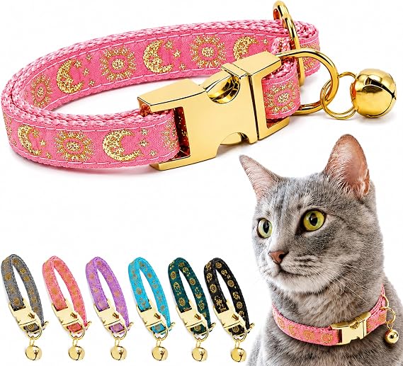 Cat Collar with Bell, Non Breakaway Kitten Collar for Cats, Adjustable Moon and Stars Cat Collar for Girl Boy Cats, Cute Celestial Collar for Daily Wear and Photos