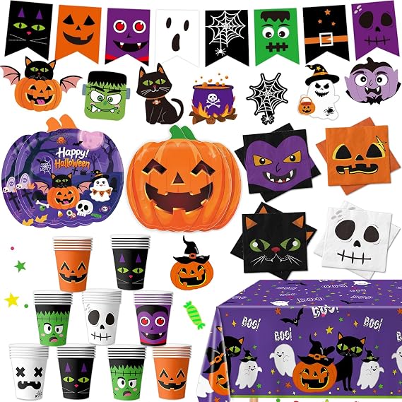 74 PCS Halloween Party Supplies Pumpkin Shaped Disposable Plates, Napkins, Cups, Banner, Tablecloth for Halloween Birthday Baby Shower Decorations, Serves 24