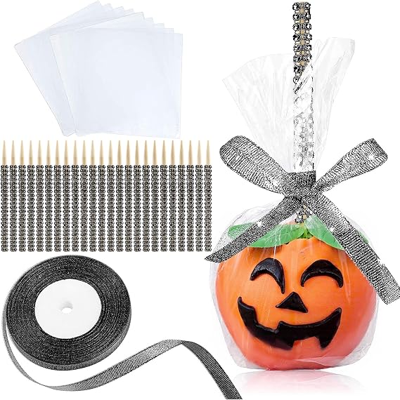 24-Pack Bling Candy Apple Sticks and Bags, Clear Caramel Apple Kit, Black | Candy Apple Wrapping Kit, Glass Wrapper, Rhinestone Bamboo Sticks, Glitter Ribbons, for Halloween, Chrispies Treat Supplies