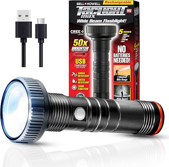Taclight Max LED Rechargeable Flashlight - High Lumen, Ultra Bright, Flash Light - 7000 Kelvin Cree Tactical Flash Light Compact Flashlights for Camping, Hunting, Home, Survival, Emergencies