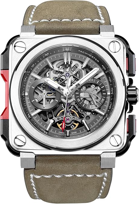 FEICE FM507 Mens Automatic Skeleton Watch Mechanical Calendar Mens Wristwatch Brown Leather Strap Square Sport Luminous Clock Watches 10ATM Waterproof Sport Watches for Men.