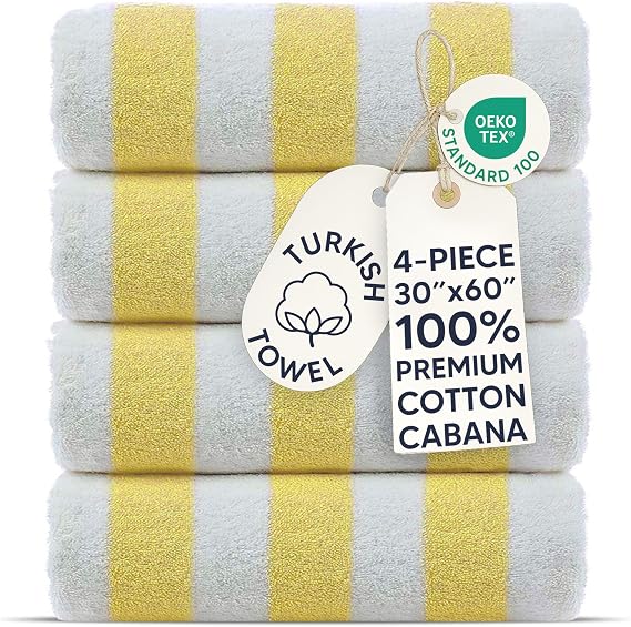 Chakir Turkish Linens Premium Quality 100% Cotton Turkish Cabana Thick Stripe Pool Beach Towels 4-Pack (Yellow, 30x60 Inch)