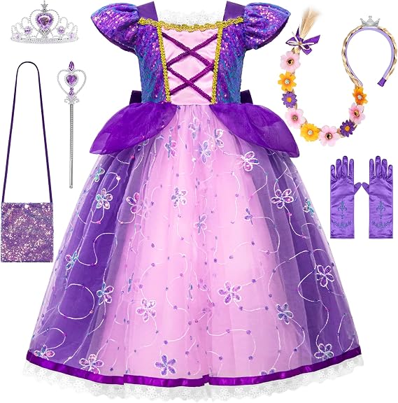 VORLITS Princess Costume Dress For Girls Halloween Fancy Party Purple 6-7Y | Breathable sequin tulle dress with floral embroidery.Full accessory set for Halloween birthdays dress up play