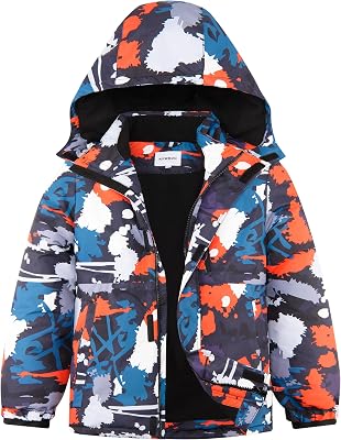 Boys Winter Waterproof Ski Jacket Kids Fleece Lined Warm Snow Coat with Detachable Hood