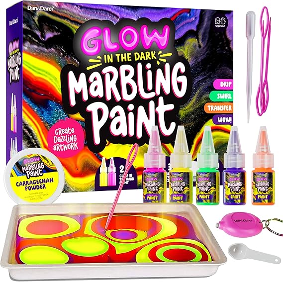 Glow in The Dark Marble Paint Kit for Kids - Water Marbling Painting Set | Art Set for Boys & Girls Ages 6, 7, 8, 9, 10, 11, 12 Year Old - Kid Crafts Birthday Gifts Toys - Arts Craft Activities