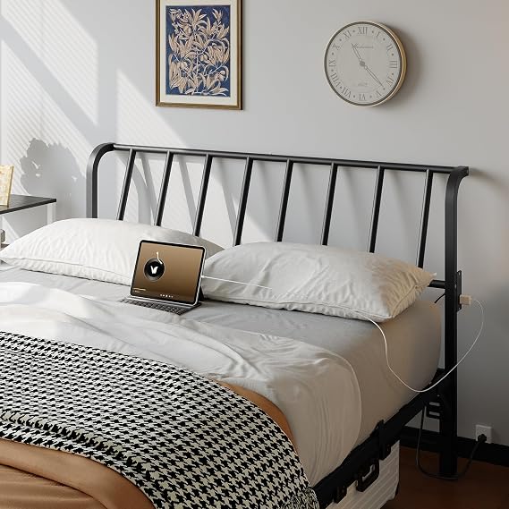 MAHANCRIS Queen Size Headboard Only, Metal Headboard with 2 Power Strips, 95 Degrees Reclining Backrest with Bed Frame Adapters, Easy Assembly, Black