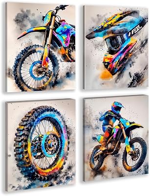 Framed Motocross Wall Art,Watercolor Graffiti Motocross Art Dceor, Cool Motorcycle Wall Art Set for Men, Kids, Teens - Perfect for Bedrooms, Man Caves 8x10 Inches
