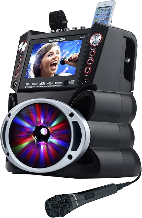 Karaoke USA GF845 Complete Karaoke System with 2 Microphones, Remote Control, 7 Color Display, LED Lights - Works with DVD, Bluetooth, CD, MP3 and All Devices