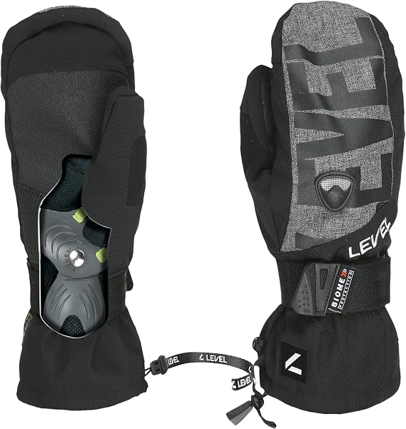 Level Fly Ski & Snowboard Mittens Biomex Wrist Protection, MembraTherm Plus Waterproof Insert, OverCuff Gauntlet w/Elastic Cord, Removable Fleece Liner, Warmth Index 3000 Black-Grey, 10 - XXL