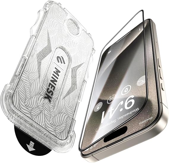 Minesk iPhone 15 Pro Max ile Uyumlu Hizalama Aparatlı ve Takılırken Camın Altında Kesinlikle Toz Bırakmayan Darbelere Karşı Ekstra Güçlü HD Ekran Koruyucu Cam (Kolay Kurulum, 15 PRO MAX)