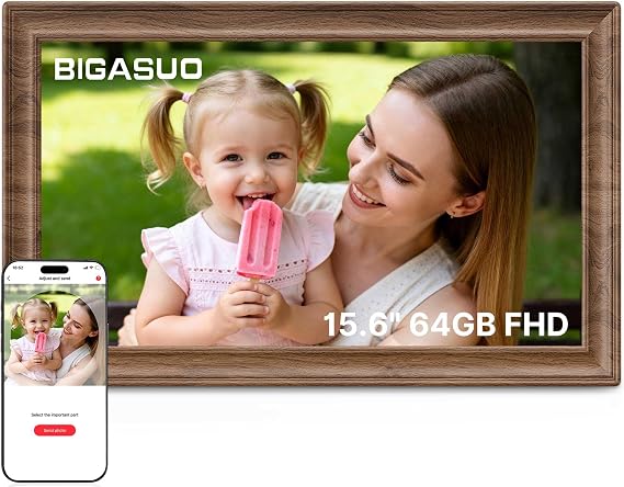 64GB 15.6" Frameo Digital Photo Frame WiFi Dark Wood - 1920 * 1080P FHD IPS Touch Screen Large Electronic Picture Frames, Auto Rotate, Wall Mountable, Sharing Photos and Videos