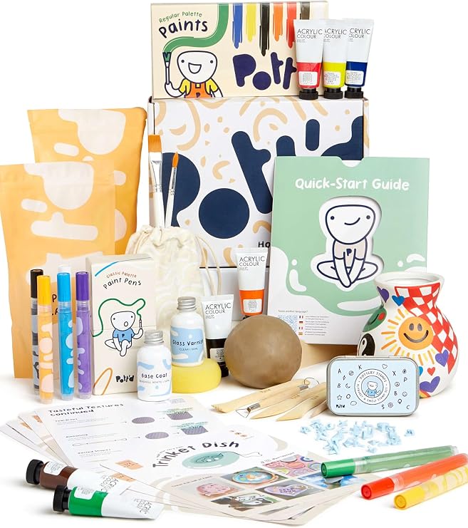 Pott'd Deluxe Edition Air Dry Clay at-Home Pottery Kit for Beginners Including Tools, Paints, Brushes, Varnish Seal, Instruction and Inspo Guide, Paint Pens, Pottery Stamps