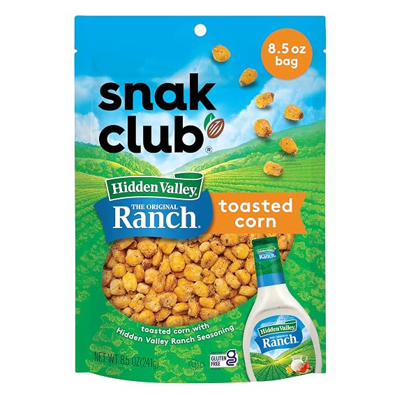 Snak Club Toasted Corn with Hidden Valley Ranch Seasoning, Roasted and Salted Corn Nuggets, Gluten-Free and Kosher Snack, 8.5 oz Resealable Bag