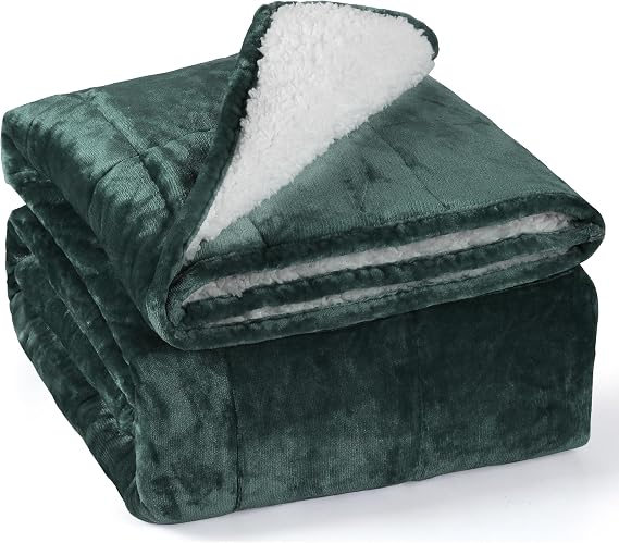 Alomidds Weighted Blanket Queen Size 15lbs 60 x 80 inches,Adult Weighted Blankets with Soft Plush Fleece,Fluffy Thick Warm Sherpa & Cozy Flannel Heavy Blanket for Sofa Bed,Forest Green