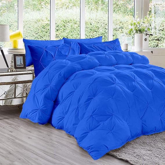 All Season 3Pc Down Alternative Comforter Set| 100% Organic Cotton 1000TC| 500GSM| Pinch Pleated| Soft| Fluffy| Light Weight| Standard Queen Size| Royal Blue