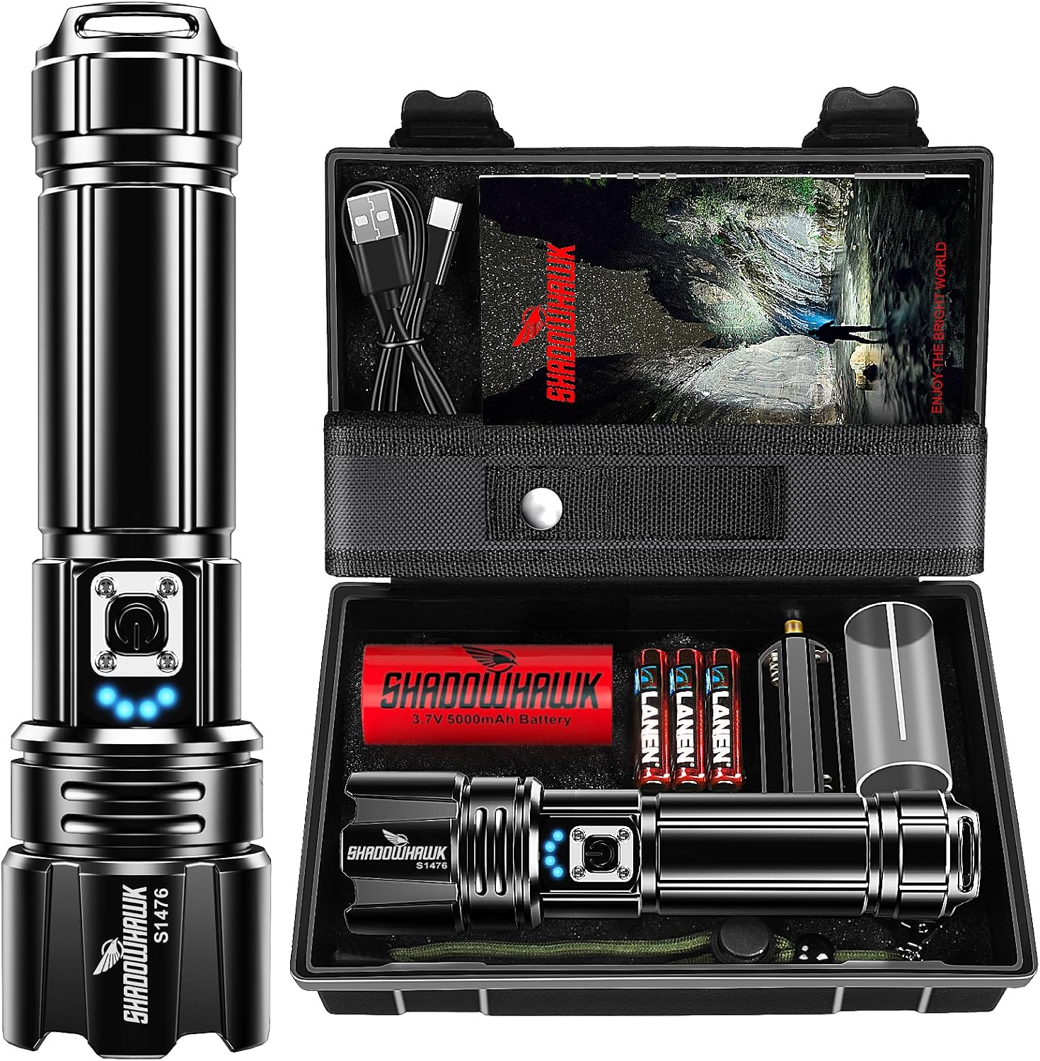 Shadowhawk Rechargeable Torch, 500000 Lumen Torches LED Super Bright, 5000ft Beam & 12H Long Lasting, Adjustable Focus, IP67 Waterproof, Powerful Handheld Flashlight for Power Cuts, Camping, Emergency [Energy Class A]