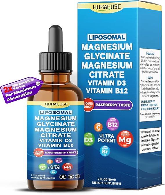 Liposomal Magnesium Glycinate, Magnesium Citrate, Vitamin D3, Vitamin B12 Liquid Drops Ultra Potent, Raspberry Taste 2 FL OZ (60ml)