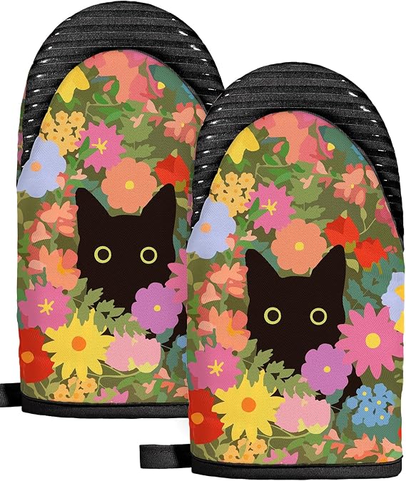 Slohif Cat Mini Oven Mitts Set Black Extended Short Animal Heat Resistant Kitchen Gloves for Women, 100% Cotton Oven Mitts with Silicone Grips, Non-Slip and Thick Durable for Cooking & Baking