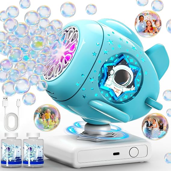 Sitodier Rechargeable Bubble Machine, Automatic 360 Rotatable Bubble Maker Toys with Light, Spaceship-Shaped Bubble Blower for Kids Toddlers, Easter, Birthday, Parties, Wedding, Outdoor Activities