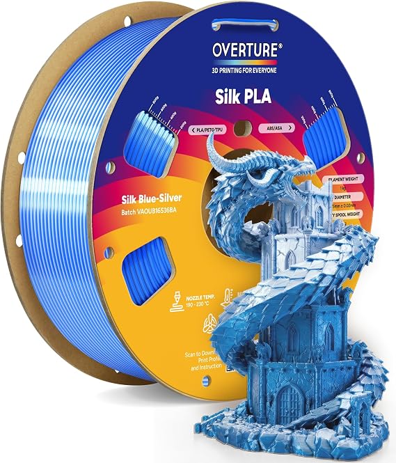 OVERTURE Silk PLA Dual Color Filament 1.75mm, Silk Blue-Silver