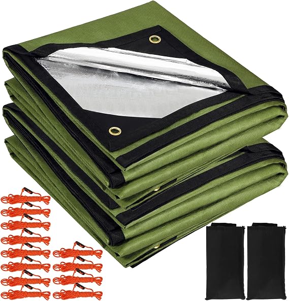 2-Pack Heavy Duty Survival Blanket, Waterproof Emergency Thermal Tarp, Multipurpose Reflective Insulated All Weather Blankets for Camping Hiking, Green,11.8 x 8.5 ft