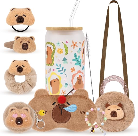 HWING Capybara Gifts for Kids Girls, Cute Capybara Plush Stuff with Glass Cup, Shoulder Bag, Eye Mask and Hair Accessories Set, Funny Christmas Anniversary Birthday Gifts for Women Mom Friend Sister