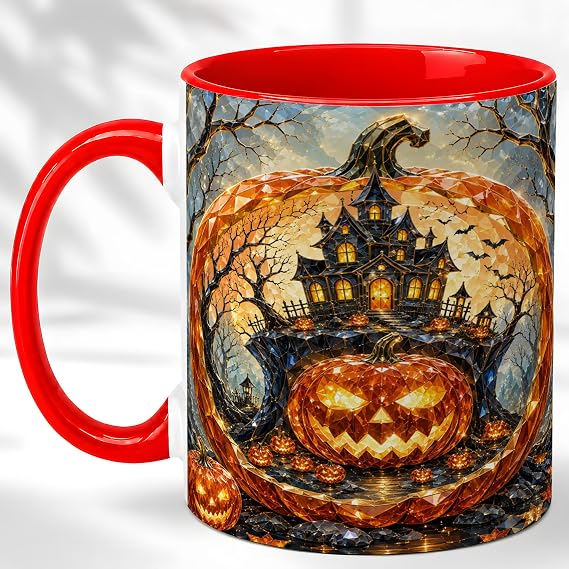 Jack O Lantern Coffee Mug, Halloween House Mug, Ceramic 11 oz