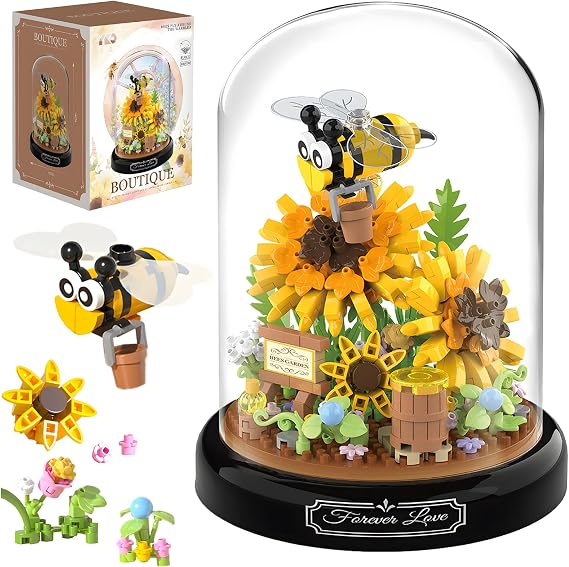 HI-REEKE Sunflower Bee Bouquet Building Block Set, 548 PCS | Peony, Rose, ABS Non-toxic Bricks, Dust Cover Included, Display Base Plate, Botanical Decor Gift for Women, Adults, Age 6+