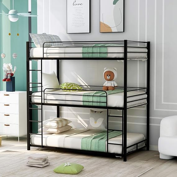 KLMM Metal Triple Bunk Beds Twin Over Twin Over Twin Bunk Beds Frame with Safety Guardrails and Built-in Ladder for Kids & Teens (Black+Metal)