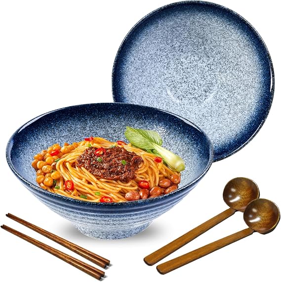 Ceramic Ramen Bowl Set, 2 Sets 950ml Large Japanese Noodle Soup Bowls with Spoons and Chopsticks for Soup Udon Soba Pho Asian Noodles Pasta Salad