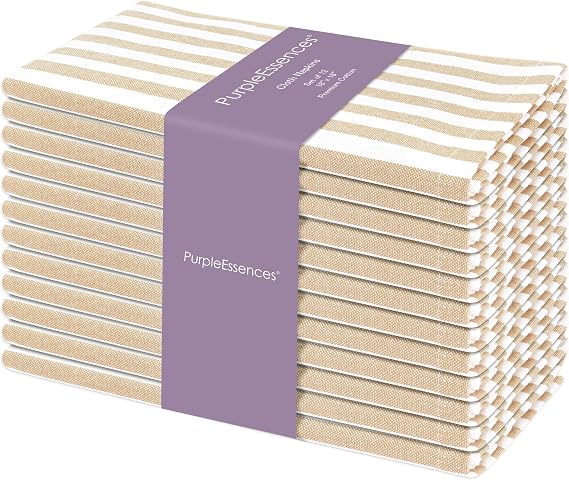 PurpleEssences Stripe Cloth Napkins 18x18 Inch - Beige & White