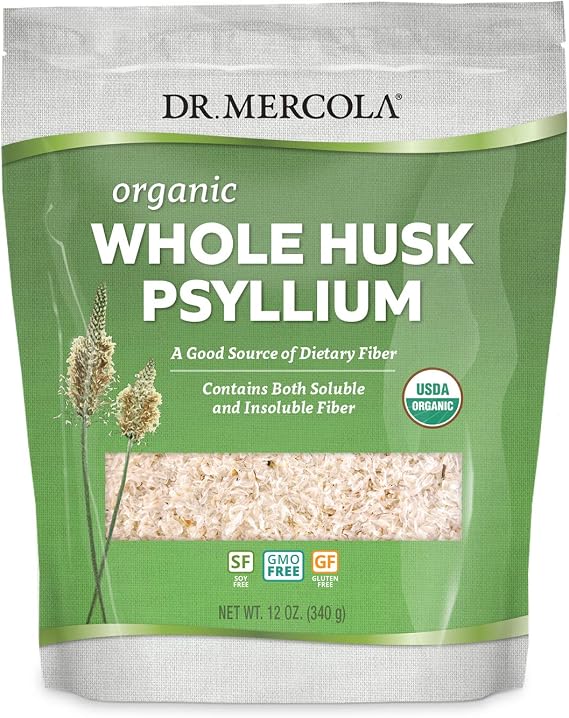 Dr. Mercola Organic Whole Husk Psyllium Dietary Supplement, 68 Servings (12 Ounces), Good Source of Dietary Fiber, Supports Digestive Health, Non GMO, Gluten Free, Soy Free, USDA Organic