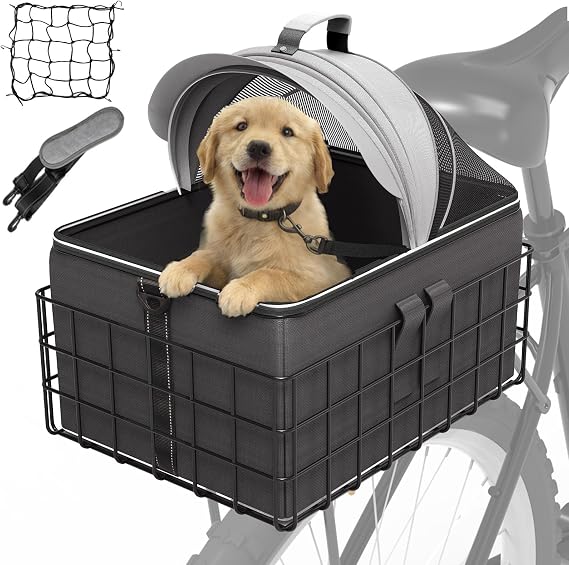 YEEGO DIRECT Dog Bike Basket for Rear Rack, 2-in-1 Pet Carrier & Cargo Basket, Detachable Dog Carrier for Bicycle with Safety Leash, Fits Small Medium Dogs Cats up to 20 LBS, Basket Patented Design