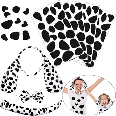 WILLBOND Dalmatian Dog Ear Headband, Bow Tie, Tail Set with 4 Sheets Adhesive Felt Circles Felt Pads for Halloween DIY Projects Costume Party Decorations Supplies