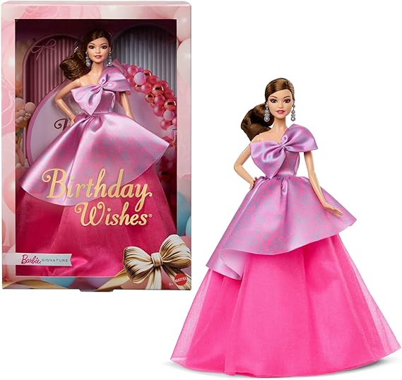 Barbie Signature Birthday Wishes Doll, Collectible Fashion Doll in Satiny, Pink Dress with Wavy Brown Hair and Giftable Packaging, JBJ08