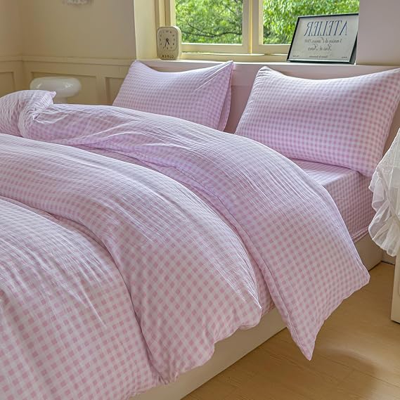 NSNLGSGC Twin Comforter Set, Pink Gingham, 2 Pieces