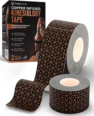 TheraCopper Copper Infused Kinesiology Tape 2 Rolls 40 Precut Strips Advanced Waterproof Kinesiology Tape for Shoulder, Elbow, Bowling Wrist, Weightlifting, Muscle Strain & Joint Support Black