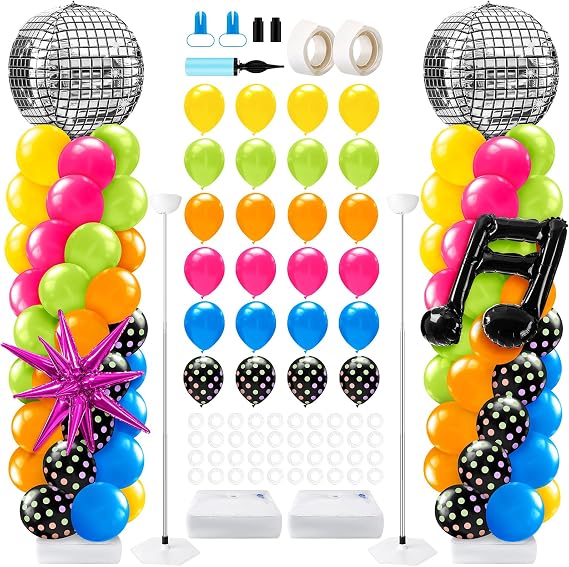 Kasyat 2 Sets 90s 80s Disco Balloon Column Stand Kit with Disco Ball Musical Note Exploding Star Balloon 90s 80s Theme Party Foil Decorations for Retro Theme Nostalgic Birthday Party