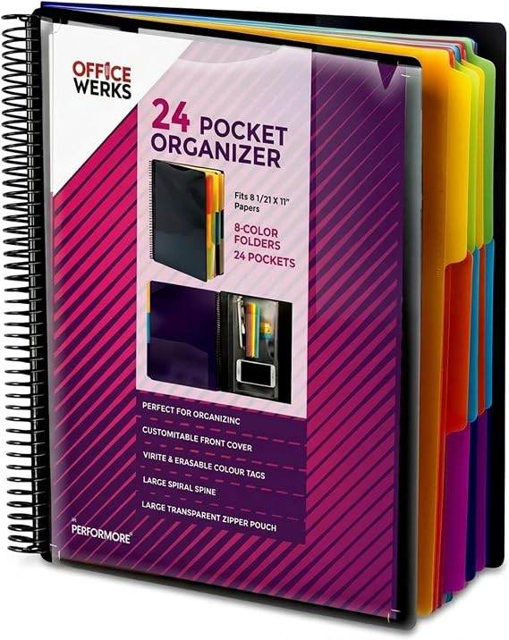24 Pocket Spiral Project Organizer with 12 Dividers, Letter Size Folder | Water-Resistant Polypropylene, Color-Coded Tabs, Zipper Pouch, Lays Flat, File Folder Organizer for Bills and Documents