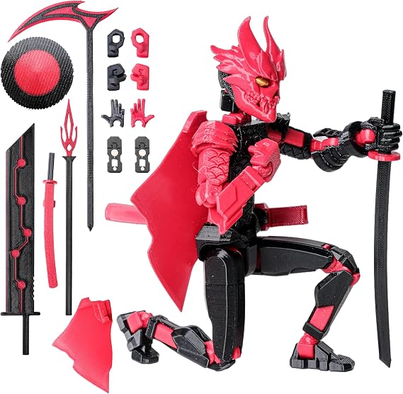 (Assembly Completed Dummy 20 Action Figure, 8.1 inches, Strong Magnetic Accessories, 10 in 1, 3D Printed Robot Multi-Jointed Movable,Oni Warrior Series, Black&Red