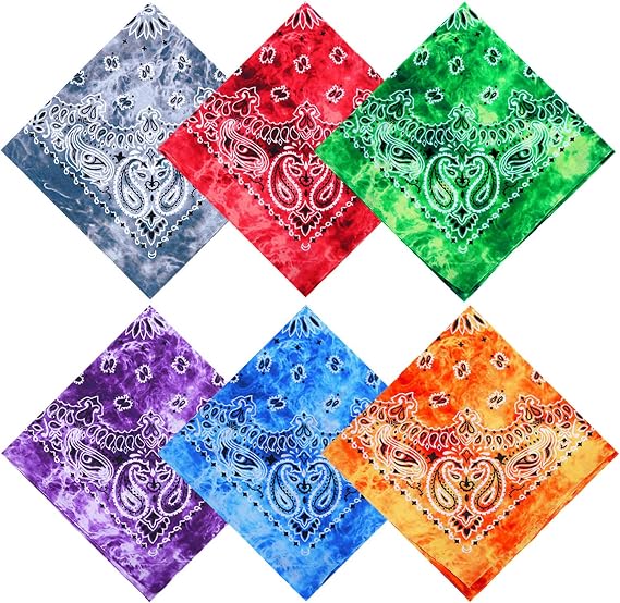 URATOT 6 Pack Tie Dye Bandana Cotton Paisley Bandanas Headbands Cowboy Handkerchiefs for Men and Women