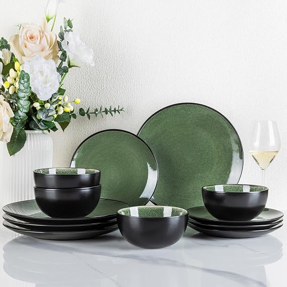 GBhome Stoneware Dinner Sets for 4 People, 12 Pieces Handcrafted Plates and Bowls Set, Scratch Resistant Dinnerware Set, Dishwasher & Microwave Safe Dishes, Evergreen