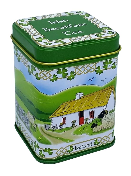 Royal Tara Irish Breakfast Tea Loose Leaf Blend of Black Teas Ireland Kitchenware Teatime Hot Drinks Gross Weight:0.20 Ib. Reusable Green Tin Farm Print