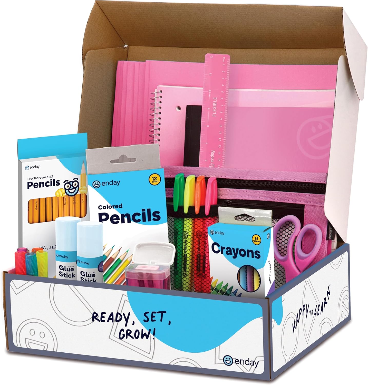 Enday Back to School Supplies for Kids, Pink School Supply Box Grades K-5, Premium Quality Kids School Supplies Kit, Kindergarten School Supplies for Girls and Boys, 71 Piece Set, 180Pk